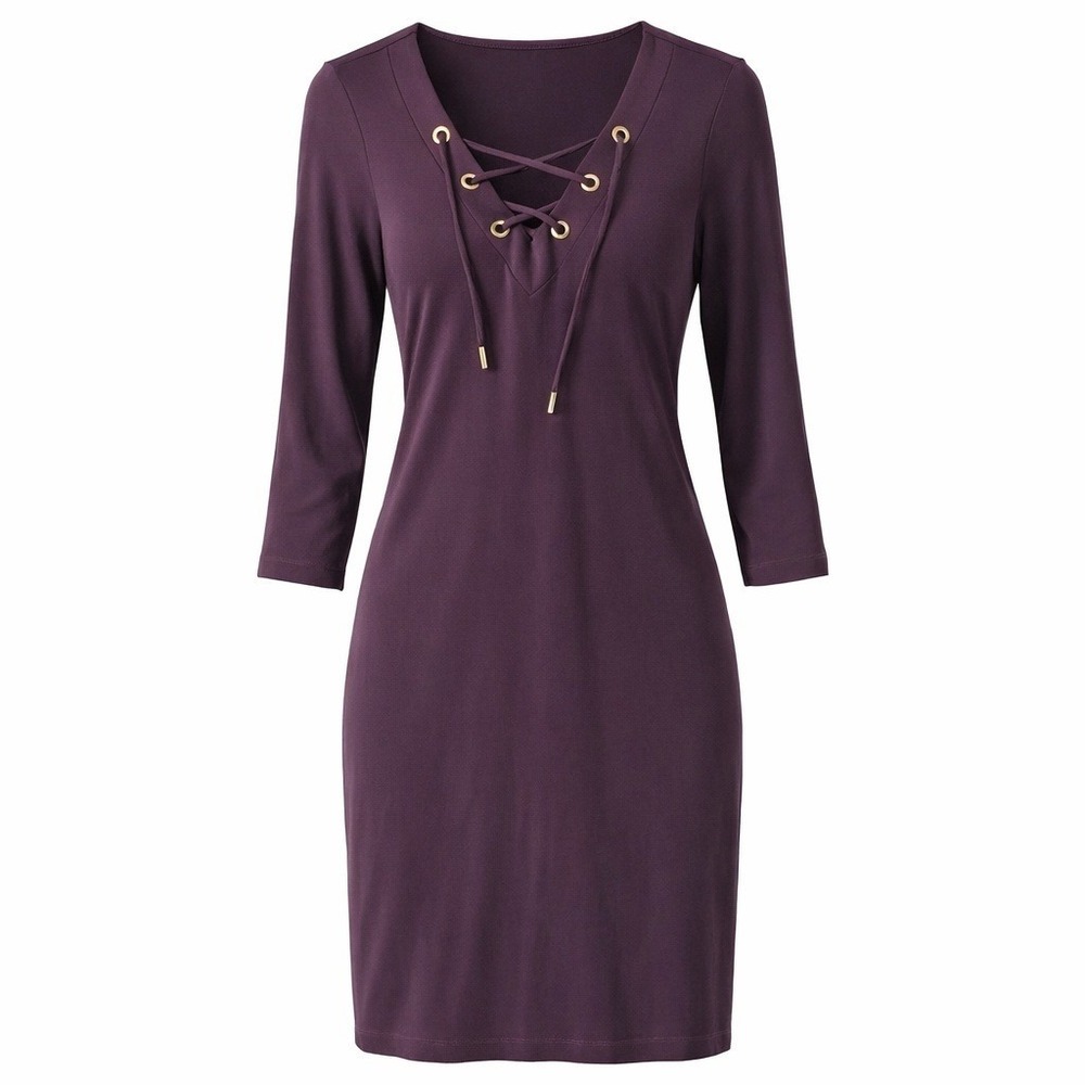 Calvin Klein Plum Purple Lace Up V Neck 3/4 Sleeve Dress Size 8 Jersey Knit New